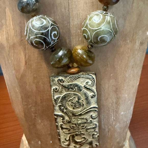 Handcrafted Turquoise and Brown Beaded Necklace beautiful hand carved beads - Picture 2 of 6